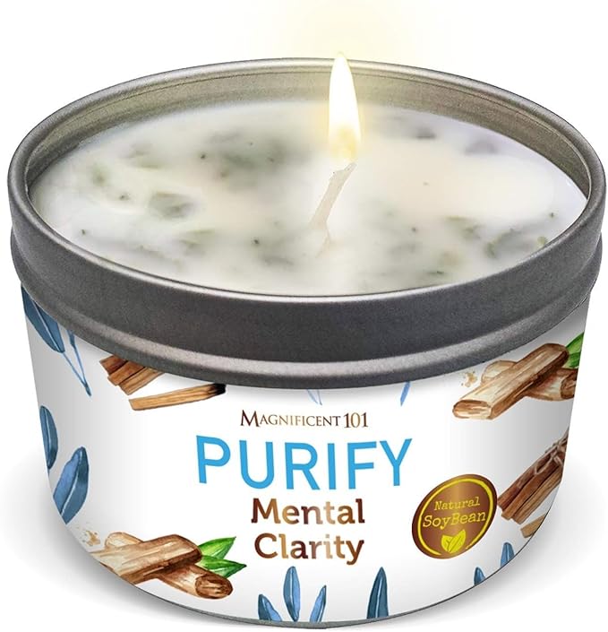 MAGNIFICENT 101 Sage Aromatherapy Candle for Meditation & Focus - 6 Oz Off-White Tin 35-Hour Burn - Soy Wax, Palo Santo, Lavender & Sandalwood - Candles for Purifying & Energy Cleansing