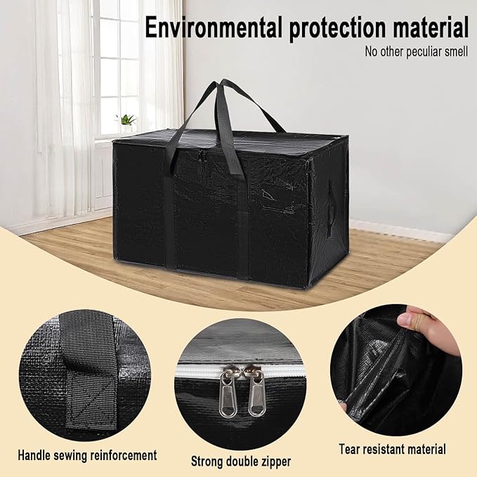 6 Pack Large Moving Bags with Zippers & Carrying Handles, Heavy Duty Storage Tote Moving Boxes ，Space Saving (Black, 6 Pack)