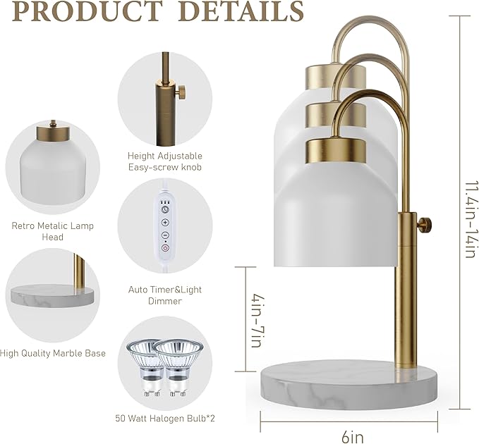 AIKUT Candle Warmer Lamp, with 2 Bulbs,Timer & Dimmer,Compatible with Large Yankee Candle Jars,3 Wick Candles,Height Adjustable Electric Top Melter,110-120v, (White Marble)