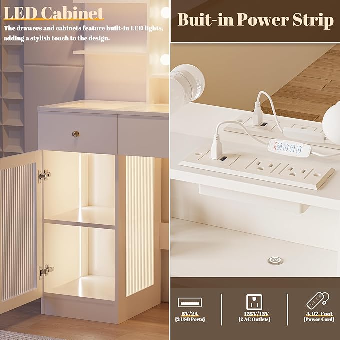 INNOD Vanity Desk with Large Mirror and Lights, Glass Top Makeup Vanity Set with Power Outlet, Drawers and Cabinet, 3 Lighting Color Adjustable Dressing Table for Bedroom,White