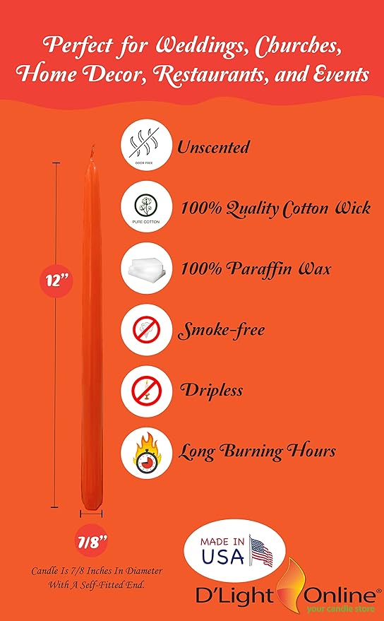 D'light Online Elegant Unscented 12" Orange Taper Candles Premium Quality Hand-Dipped Tapered Candles, Dripless and Smokeless - Set of 12 Individually Wrapped (12 Inch, Orange)