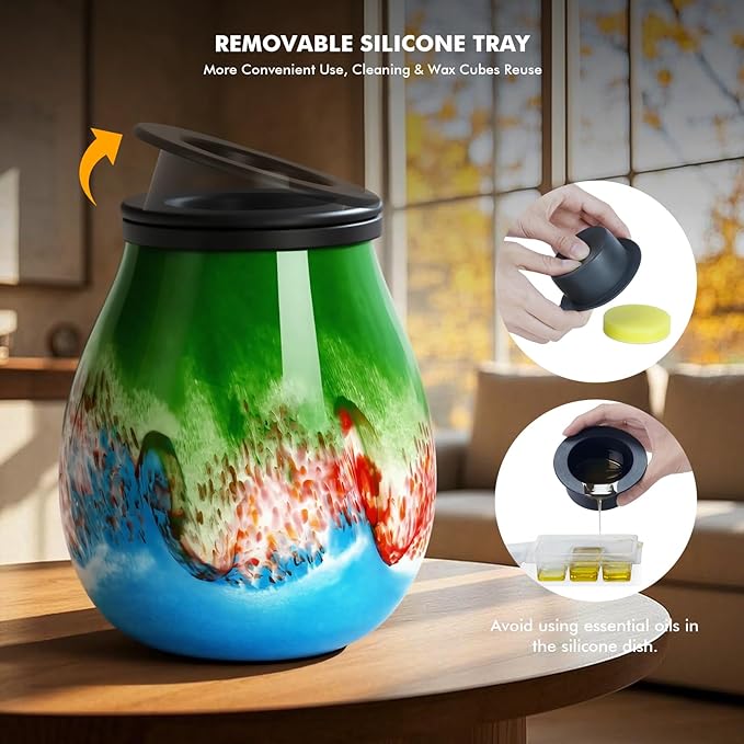 Wax Melts Warmer with Timer-Art Glass Wax Warmer for Scented Wax Electric Candle Warmer with 7 Colors LED Light, Removable Silicone Dish Wax Melter for Home Office Decor & Gifts (Storm-timer)