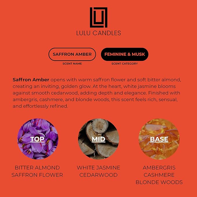 Lulu Candles | Saffron Amber Scented Candle – Rich Amber & Exotic Saffron Aroma, Long-Lasting Clean Burn Candle for Home Décor, Relaxation & Gifts – (9 Oz. Wood Wick Candle)