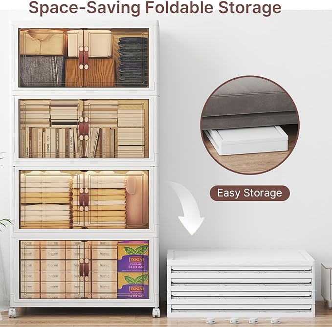 UAMFURI Stackable Storage Bins with Lids, 480QT Closet Organizers, Lockable Storage Cabinet，Foldable Storage Box with Doors and Wheels, Plastic Drawers for Home, Garage, Office (4, White, Large)