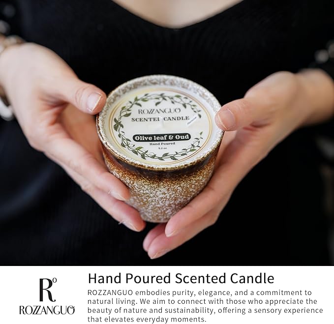Luxury Textured Ceramic Jar Scented Candle | Non Toxic 100% Natural Coconut & Soy Wax Blend Cotton Wick | 5.2oz | Hand Poured Highly Scented Long - Lasting | Women & Men | (Olive Leaf & Oud)