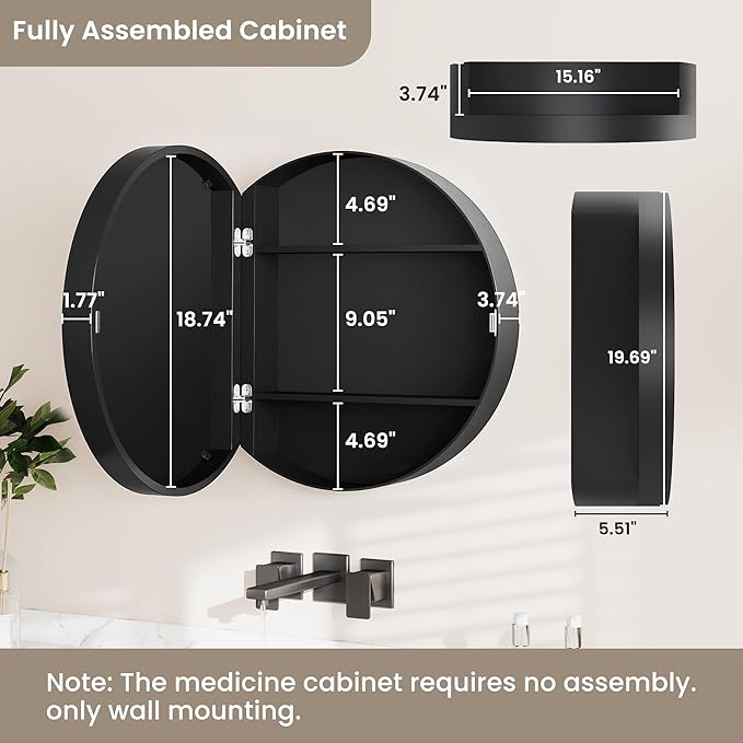 SUNWAVE 20 Inch Round Black Medicine Cabinet with Mirror, Modern Wall Mounted Vanity Cabinet for Bathroom, Circle Bathroom Mirror with Storage, Space-Saving Wood Cabinet (Black, 20 Inch)