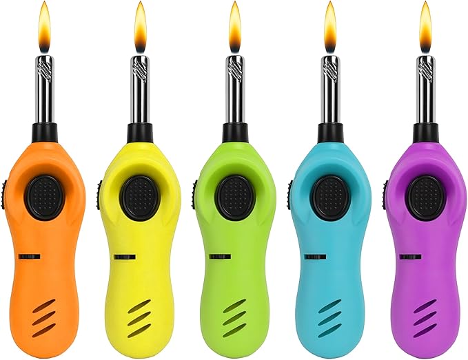 Navpeak Mini Handy Candle Lighter with Extended Wand, Safety Lock, Butane Gas Refillable, Lighters for Candle Kitchen Stove Outdoor BBQ Grill Fireplace, 5 Pack (Butane Included) (5 Pack lighters)