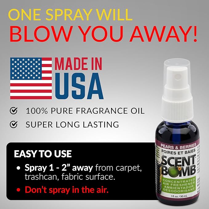 Scent Bomb Air Freshener Spray, Long-Lasting Odor Eliminator - Effective Deodorizer for Home & Car, Fresh Room Spray for Kitchen, Bathroom & Smell Neutralizer - 1 oz Pack of 4, Pears and Berries Scent