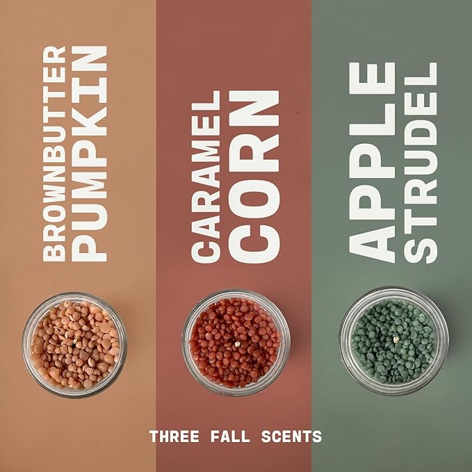 Milkhouse Company Candle Fall DIY Candle Kit - Apple Strudel | Brown Butter Pumpkin | Caramel Corn Scented Wax Beads - 3 Bags of Scented Beads & 3 Wicked Jars with Lids, Made in the USA