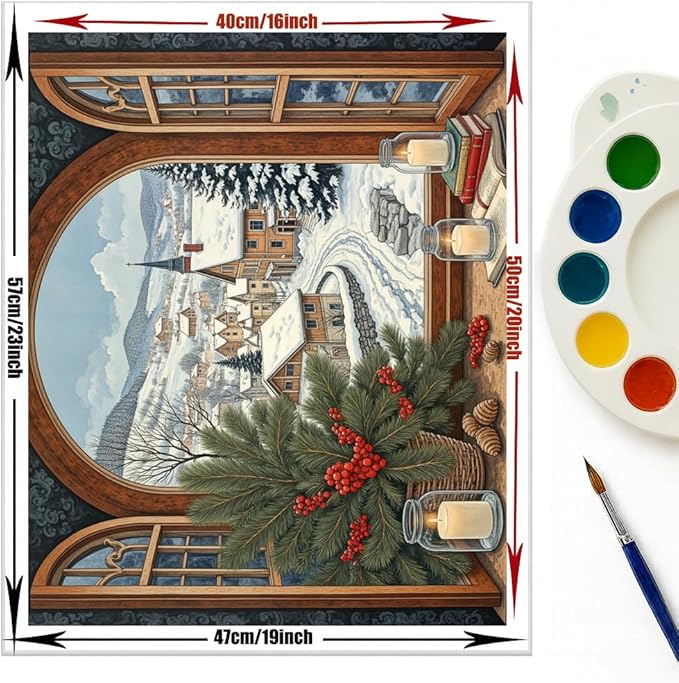 EnLvYY Paint by Numbers for Adults 16x20 Inch, DIY Acrylic Painting on Canvas, Cozy Window View of Winter Village, Candles, Pine Branches and Snow Scene, Christmas Wall Art Gift,Unframed