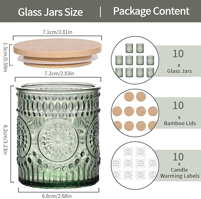 DARJEN 10 Pack Green Candle Jars for Making Candles- 7.5 OZ Empty Glass Candle Making Jars with Bamboo Lids and Labels, Candle Containers Candle Making Jars for DIY Gifts