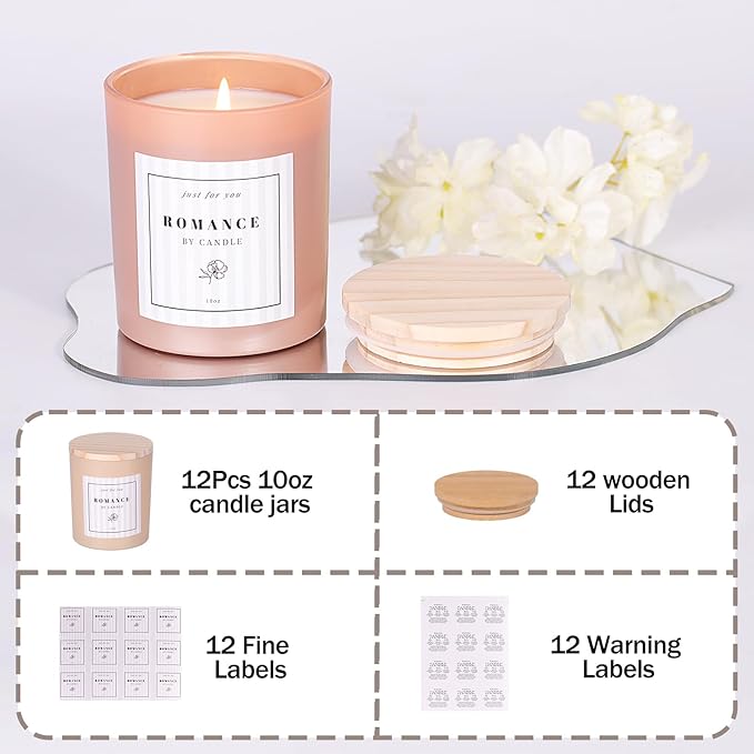 REISEN 12Pcs Assorted Amber Candle Jars for Making Candles, 10oz Empty Candle Jars with Bamboo Lids and Labels, Glass Jars for Candle Making Supplies, Candle Containers for DIY Gifts