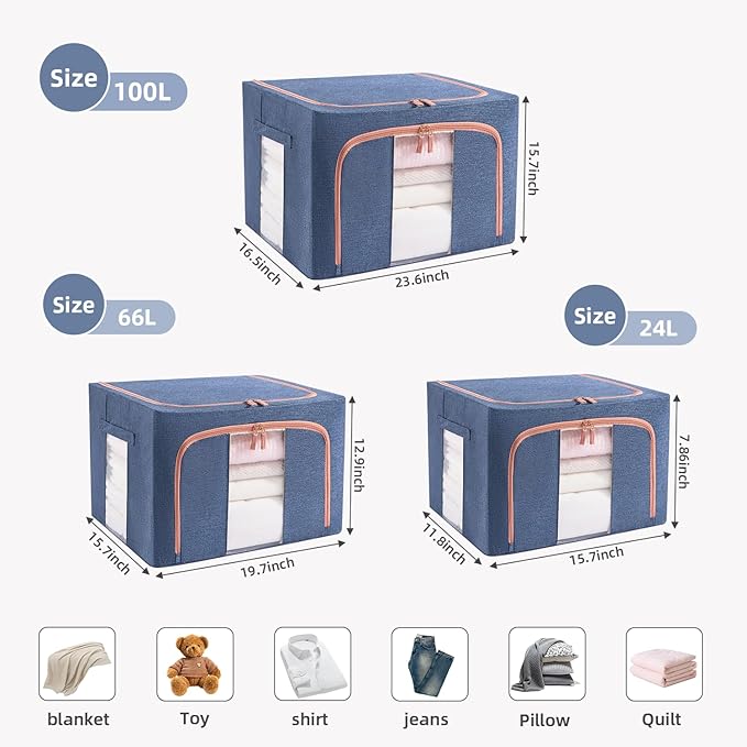 GuliPostan 100L Stackable Clothes Storage Bins with Metal Frame Handles & Zipper, Collapsible Closet Organizer Box with Lid for Bedding Blankets Towel (Navy,1 pack)