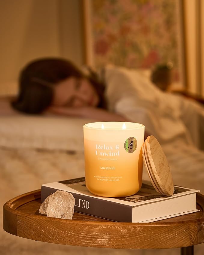M&SENSE Mandarin Vanilla Candle for Home Scented, 14.1oz Non Toxic 80-Hour Long-Lasting Natural Soy Wax Highly Citrus Scent Aromatherapy Candle for Relaxing Stress Relief & Housewarming