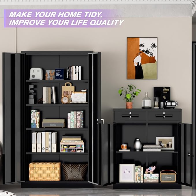 Superday Lockable Storage Cabinet with 2 Drawers, 36" Metal Storage Cabinet with Locking Doors and Adjustable Shelves, Black Metal Locking Cabinets for Home Office Garage School