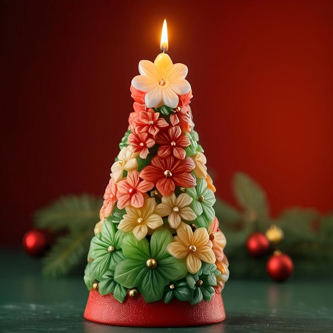 3D Christmas Tree Silicone Candle Soap Epoxy Resin Wax Mold Silicone Shapes Christmas Trees Mold for Candle Resin Soap Craft Cake Chocolate Making Kit Christmas Gift (Flower Christmas Tree)