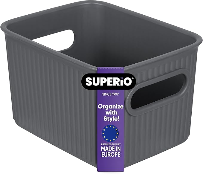 Superio Ribbed Collection - Decorative Plastic Basket Open Home Storage Bins Organizer, Small Grey (1 Pack) Container Boxes for Organizing Closet Storage Bins for Shelves Drawer Shelf 1.5 Liter