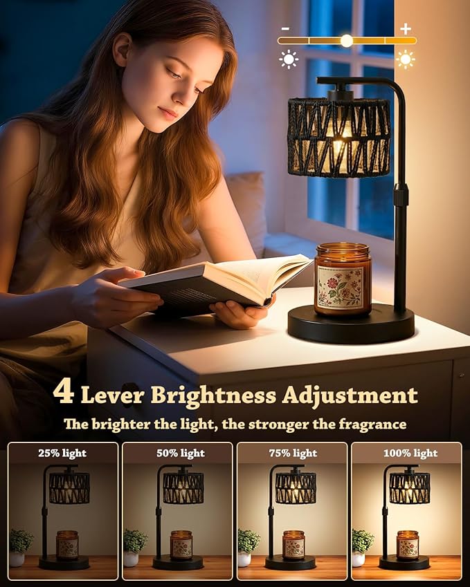 Candle Warmer Lamp, Timer Dimmable Candle Lamp, Adjustable Height and Brightness Candle Warmer, Black Boho Rattan Lampshade and 2 Bulbs, Suitable for Home Decor, Birthday Gifts for Women Mom