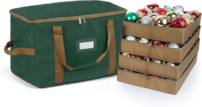 Covermates Keepsakes Adjustable Ornament Storage Bag – Heavy-Duty Polyester, Padded Dividers & FlexGrid Trays – Protective Holiday Ornament Organizer with Handles & Label Window, Green