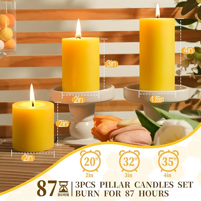 Beeswax Pillar Candles Set of 3,100% Pure Beeswax Candles, 87 Hour Burn Time Bees Wax Candles for Home, Prayer, Unscented, Dripless and Smokeless Organic Pillar Candles,2x2in,2x3in,1.89x4in