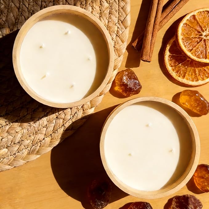 Scented Candle - Amber & Musk & Vanilla, 42 oz. 5 Wick Large Candle Made with Coconut Oil and Soy Blend Wax | Acacia Wood Lid