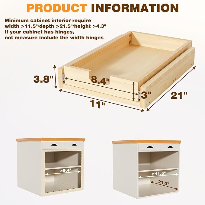 Pullout Cabinet Organizer, 11''W×21''D×3''H Slide Out Shelves for Kitchen Cabinets, Pull out Drawers for Kitchen Cabinets, Pantry, Bathroom, & Storage Organization