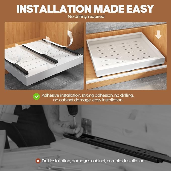 2 Pack Expandable (15.1"-26.3") Pull Out Cabinet Organizer 21" Deep With Raising Pad for Framed Cabinets,Upgrade 3 Slide Rails Slide Out Drawers,No Drill Roll Out Shelves Adhesive,White