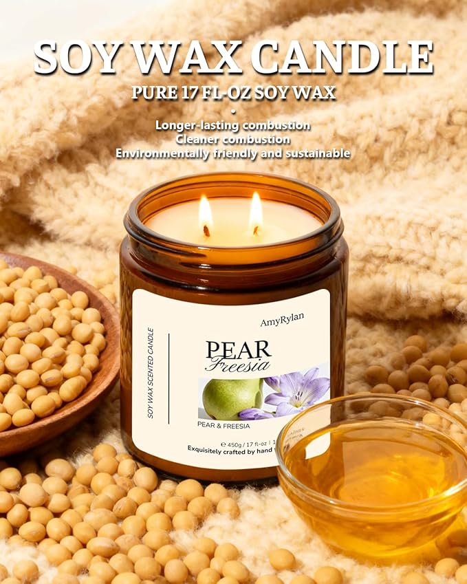 2 Wicks 17oz Large Non-Toxic Soy Wax Scented Candle, Pear & Freesia 120 Hours of Burn Time, Long Lasting Large Candle for Gift, Cost-Effective Candle for Home Fragrance, Aromatherapy