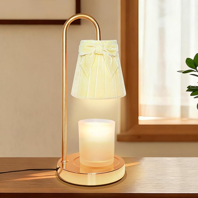 Cute Coquette Bow Candle Warmer Lamp, Dimmable Flannel Candle Warmer with Timer & 2Bulbs, Womens Gifts for Birthday, Unique Home Decor for Bedroom Holiday Aesthetic (Light Yellow/Candles not Included)