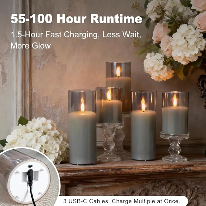 Rechargeable Flameless Candles, Realistic Flickering LED Flame,Real Wax Candle with Remote Control and Timer, Clear Glass Electronic Candles, 1 Set of 5（Gray）
