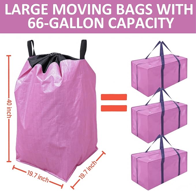 Moving Bags Heavy Duty Extra Large, 66 Gallon XL College Moving Bags with Handles, Waterproof Storage Totes Packing Supplies for Home Dorm, Set of 4