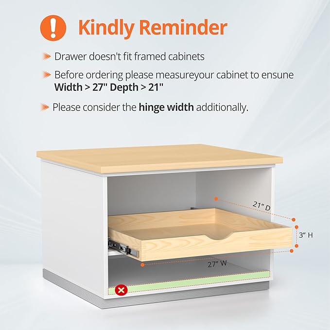 ZOINLIY 27''W X 21''D X 3''H Wooden Pull Out Drawer for Cabinet, Cabinet Organizer for Kitchen, Soft Close Slide Out Shelves, Heavy Duty, Fully Expandable