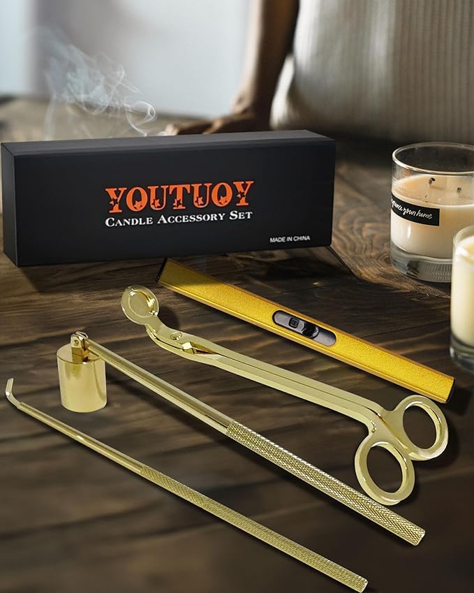 YOUTUOY 4 in1 Candle Accessory Set with Rechargeable Candle Lighter, Candle Wick Trimmer, Candle Wick Snuffer, Candle Wick Dipper, Candle Care Kit (Gold)
