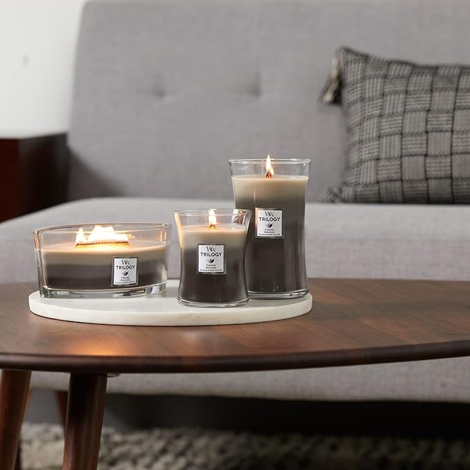 WoodWick Warm Woods Trilogy Holiday Candle Gifts for Women and Men, 16 oz Ellipse Trilogy Candle with Crackling Wick
