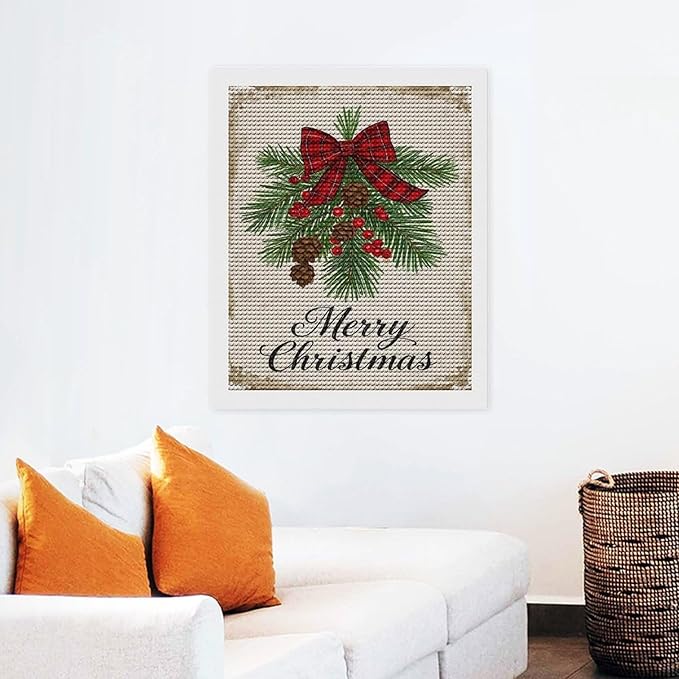 AIVKIEJK Diamond Painting Kits for Adults - Merry Christmas Holly, Pine Cones & Red Plaid Bow Painting DIY 5D Full Drill Diamond Dots Paintings with Diamonds Gem Art and Crafts Home Decor 16"x20"