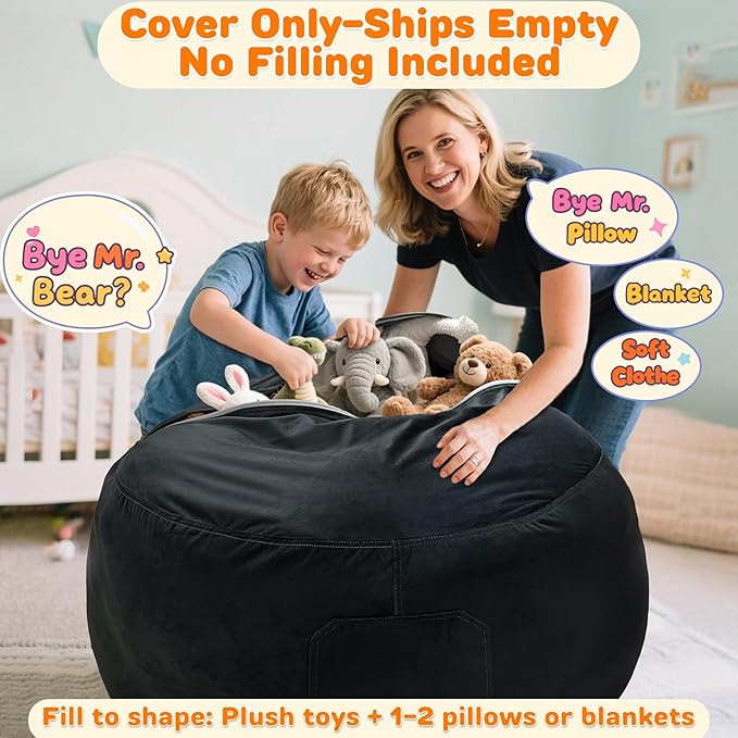 Lukeight Stuffed Animals Storage Bean Bag Chair Cover Only (Ships Empty, No Filling) - Velvet YKK Zipper Beanbag Cover for Toddlers and Kids, Washable Plush Toy Organizer, Large 27" D x 16" H