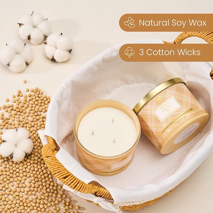 M&SENSE Plaid Pattern 3 Wick Soy Candles,11.64 oz Large Golden Fig Scent Candle for Relaxation, Gifting, Home Décor | for Bedroom, Office, Party