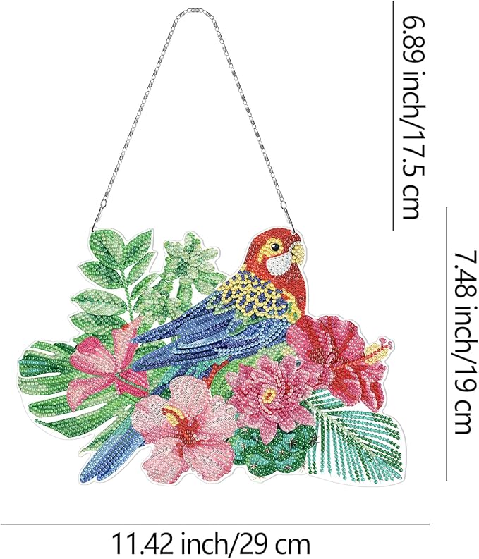 Parrot Diamond Art Hanging Signs with LED Light String DIY 5D Bird and Flowers Diamond Art Painting Wreath Hanging Pendant Special Shaped Gem by Number Mosaic Kits for Garden Front Door Spring Decor