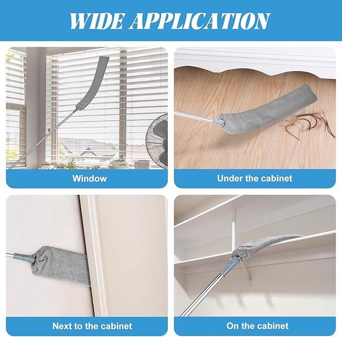 Retractable Gap Dust Cleaner with 15-98 Inch Extension Pole, Flat Duster for Under Appliances and Furniture, Includes 2 Washable Microfiber Pads for High Ceilings and Hard to Reach Spaces