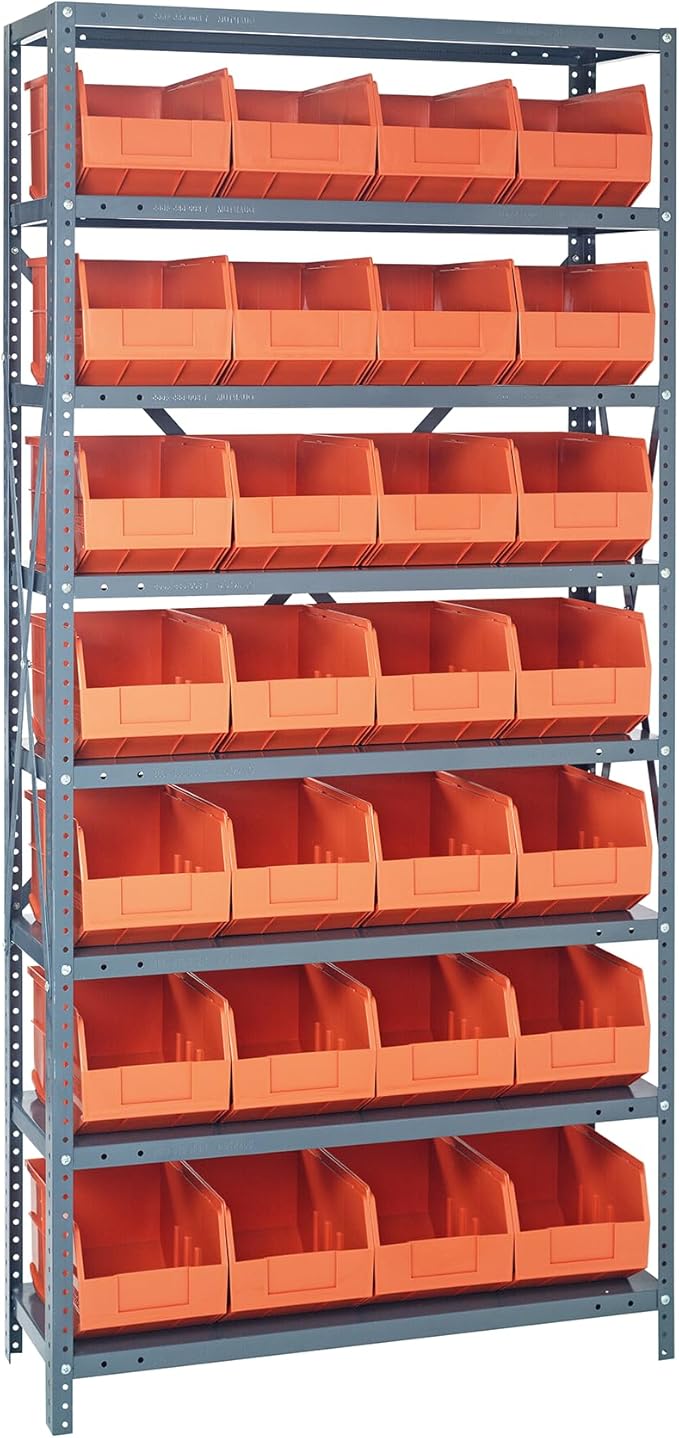 Quantum Storage Systems 1275-423OR Solid Heavy Duty 8 Shelves 28 Stackable Shelf Bins Orange Bins 75" H x 36" W x 12" D