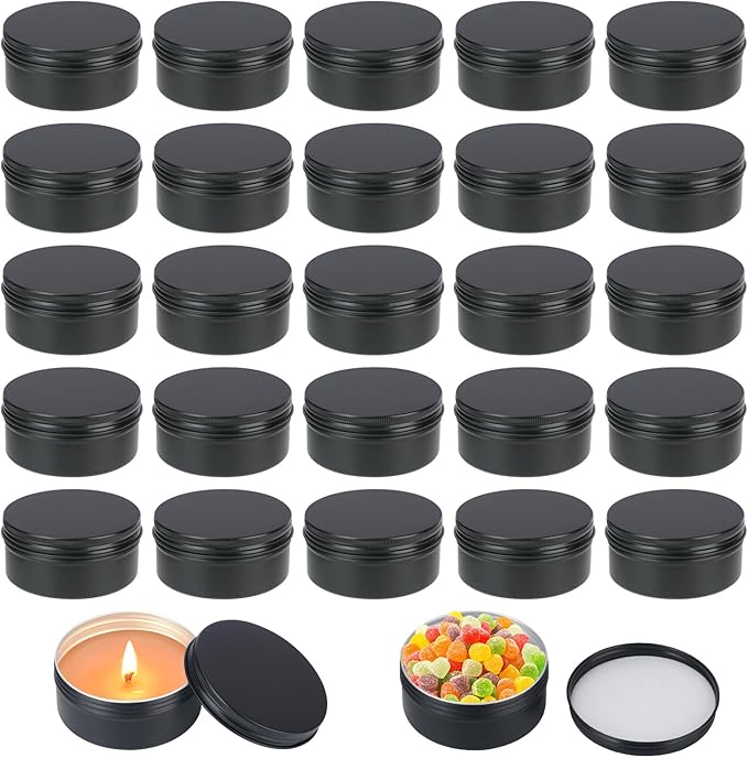 48 Pack 4 oz Black Aluminum Round Tins with Screw Lid, Multipurpose Storage for Candles, Creams, DIY Ointments, Buttons