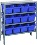 Quantum 1839-SB808BL Heavy Duty Shelving Unit with (4) Shelves and (12) QSB808 Blue Bins for Garage Warehouse Storage Distribution | 400 lb Load Capacity | 12"D x 36"L x 39"H, Galvanized Carbon Steel
