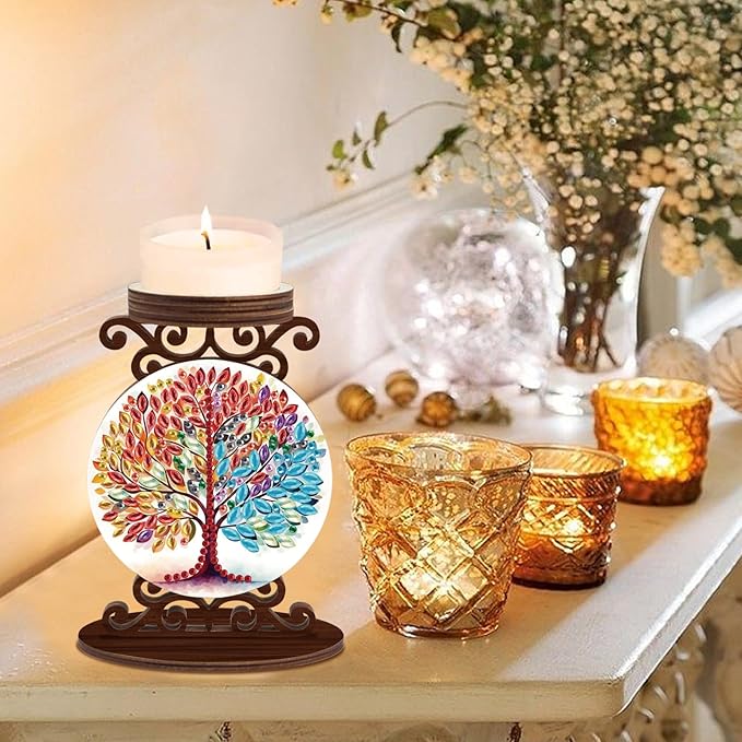 Diamond Art Painting Candlestick Holder kits, Colorful Tree DIY shaped crystal Diamond art painting, woodiness Candle holder for AromaRelax & Home Decor, Christmas Halloween Ornaments (Double-Sided)