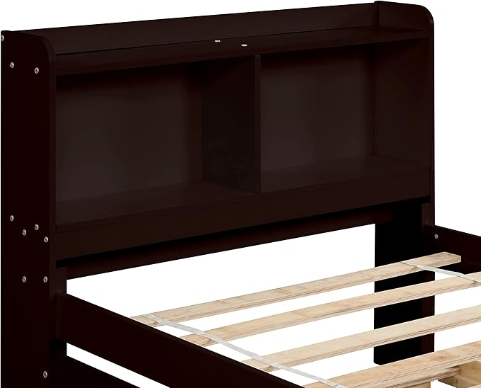 Harper & Bright Designs Twin Size Platform Bed with Bookcase Headboard and Trundle, Wooden Twin Platform Bed Frame with Bookself for Kids Girls Boys, Espresso