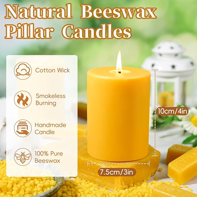 2 Packs 3" x 4" Natural Beeswax Pillar Candles,120 Hours Long Burning Emergency Candles 100% Pure Beeswax Candle,Blessed Bees Wax Candles for Home Room Paryer Parties,Smokeless & Dripless