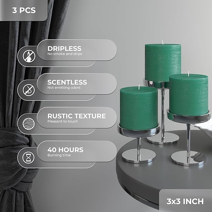 CANDWAX 3x3 Inch Green Pillar Candles Set of 3 - Rustic Unscented No Drip Green Candles for Weddings, Centerpieces, Home Décor, Christmas Decorations