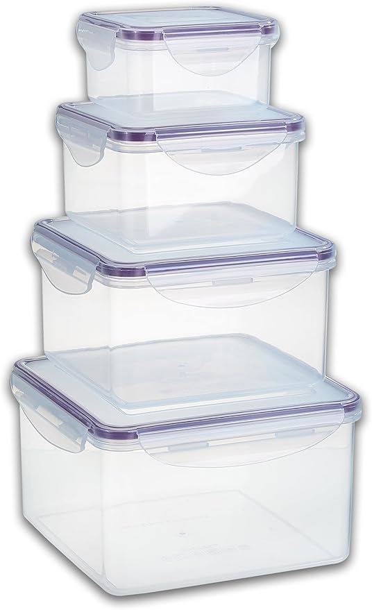 Set of 4 Square Nesting Food Storage Containers - Reusable, BPA Free Plastic, Snap Lock Lids With a Leakproof Silicone Seal. Great for Snacks, Soup, Fruit, Salad and Food Storage…