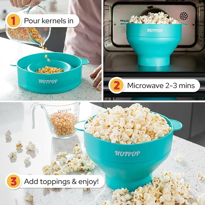 The Original Hotpop Microwave Popcorn Bowl Popper, Silicone Popcorn Maker, Collapsible Bowl and Dishwasher Safe- 20 Colors Available (Cyan)