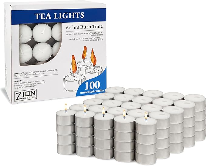 Zion Judaica Tealight Candles Unscented 100 Pack – 6 Hour Long Lasting, Smokeless, Dripless, Clean Burn – Tea Lights for Home, Religious, Ambiance, Shabbat, Camping, Food Warming