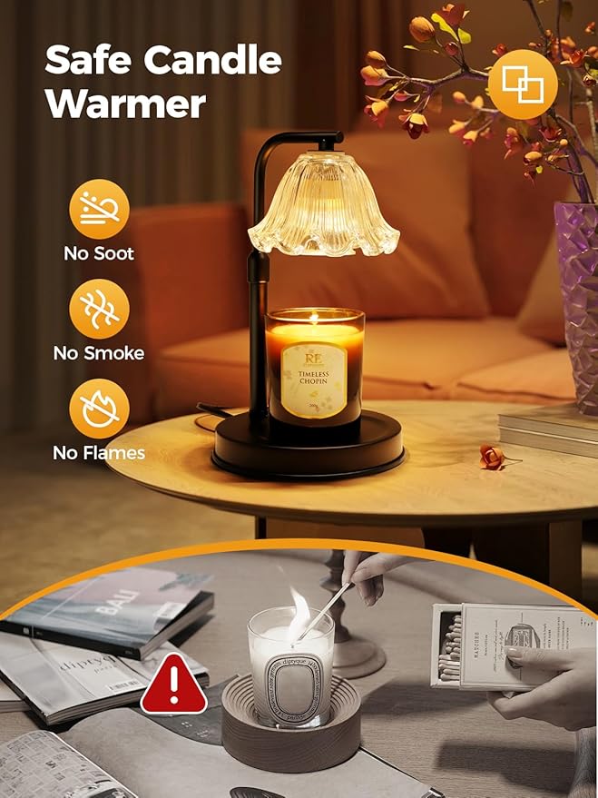 Flower Candle Warmer Lamp with Timer - Black Adjustable Height Wax Melt Warmer for Jar Candles, Vintage Candle Lamp for Home Fragrance, Housewarming Gifts & Birthday Gifts for Women